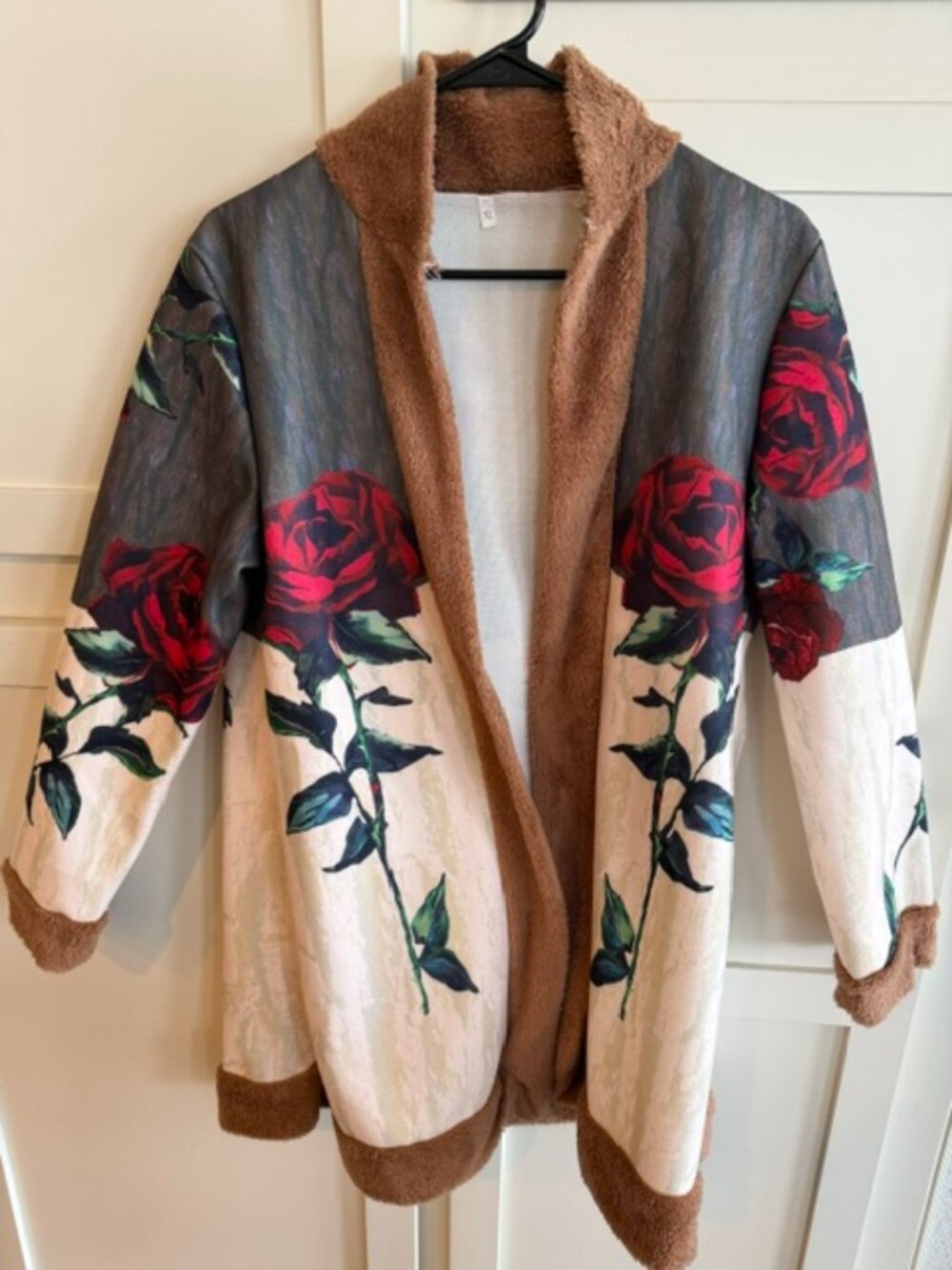Women’s XL Rose Floral Open Front Cardigan Jacket Teddy Trim Boho Statement